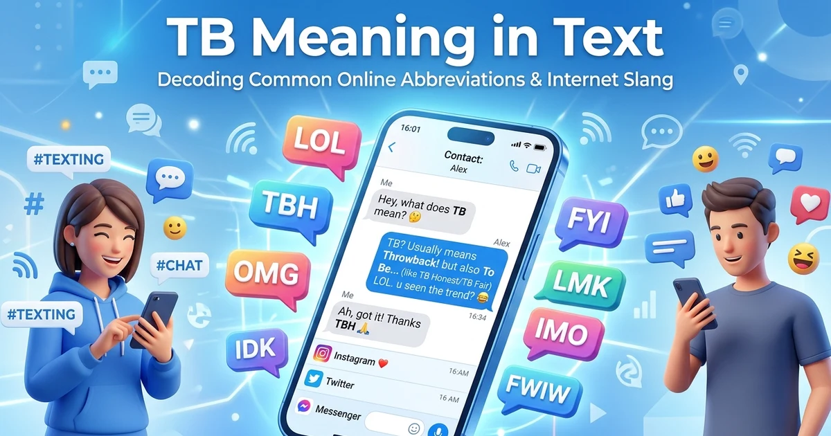 Illustration explaining TB meaning in text with examples from texting and social media.