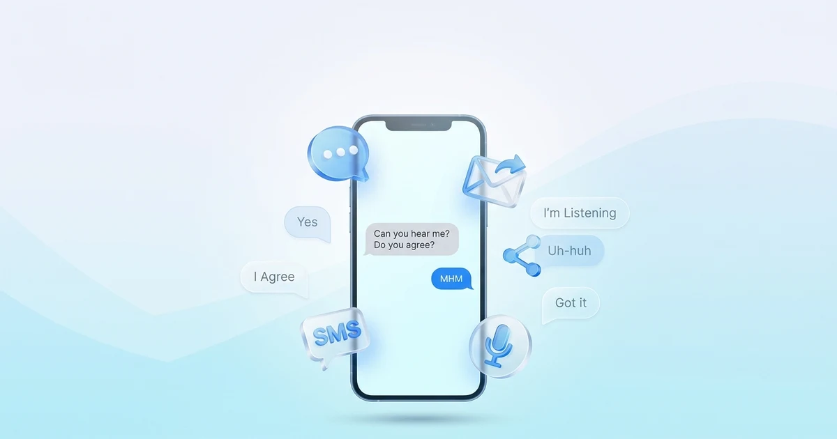 MHM meaning in text shown on a smartphone chat with examples of yes, I agree, and I'm listening.