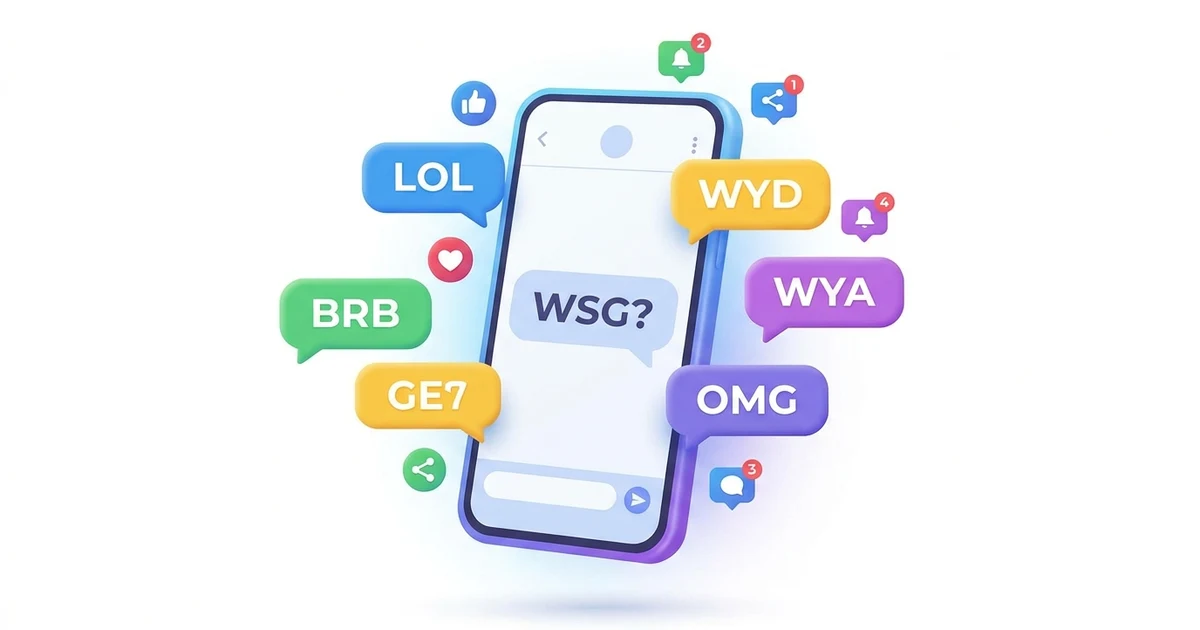 WSG meaning in text shown on a smartphone with texting abbreviations and social media chat icons.