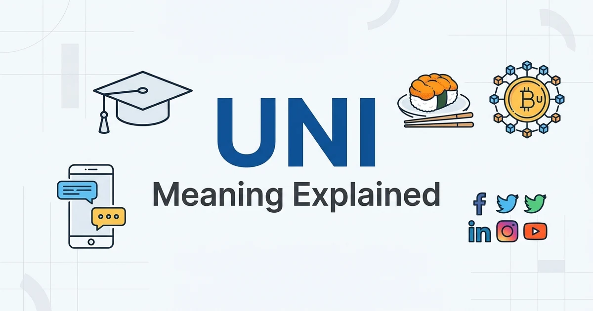 : Illustration showing the different meanings of uni including university, texting, crypto, and Japanese cuisine