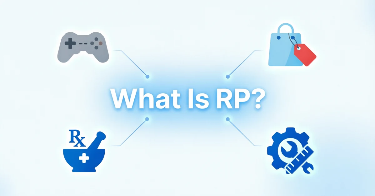 Illustration showing the different meanings of RP in gaming, shopping, business, and healthcare