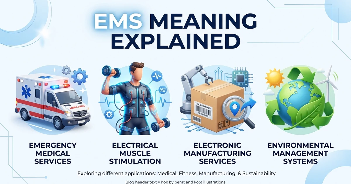 Infographic showing the common meanings of EMS including Emergency Medical Services, Express Mail Service, Electrical Muscle Stimulation, and Environmental Management System.