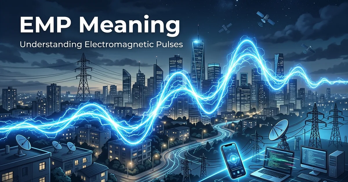 Illustration showing the meaning of EMP with electronic devices and electromagnetic pulse concept.