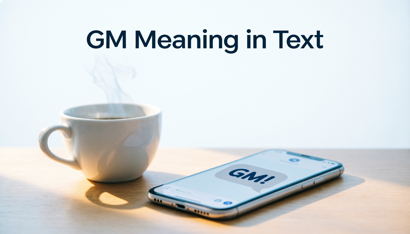 Phone displaying a GM text message meaning Good Morning in a messaging conversation