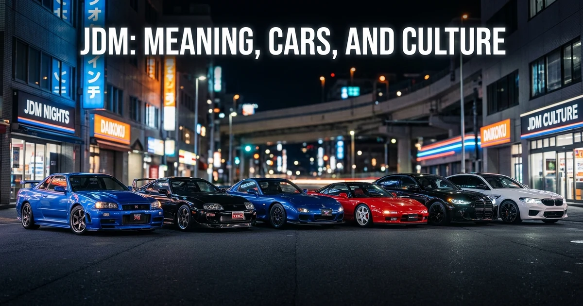 Iconic Japanese Domestic Market sports cars parked together at a modern car meet