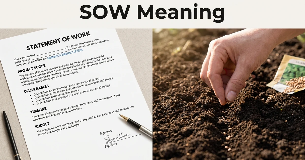 SOW meaning explained with a business document and farming seeds