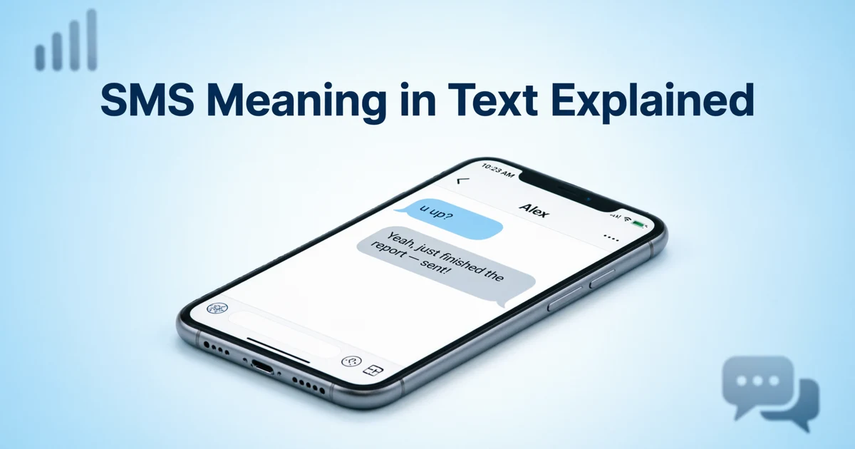 Person reading an SMS text message on a smartphone with SMS meaning explained