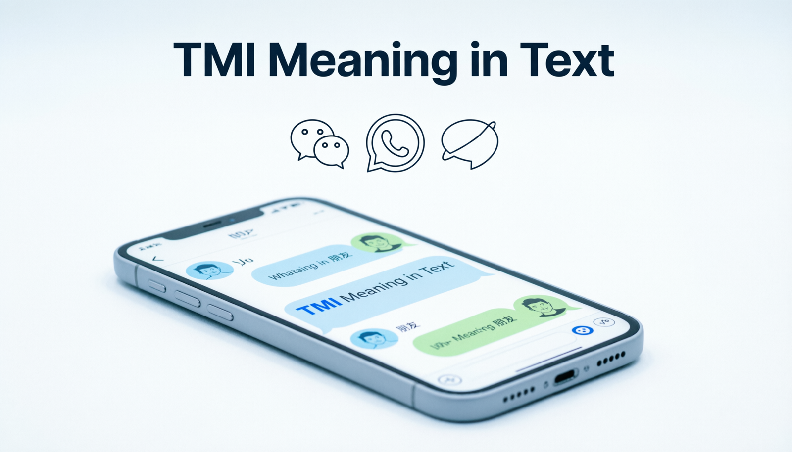 Person reading a text message showing TMI meaning in text with chat bubbles.