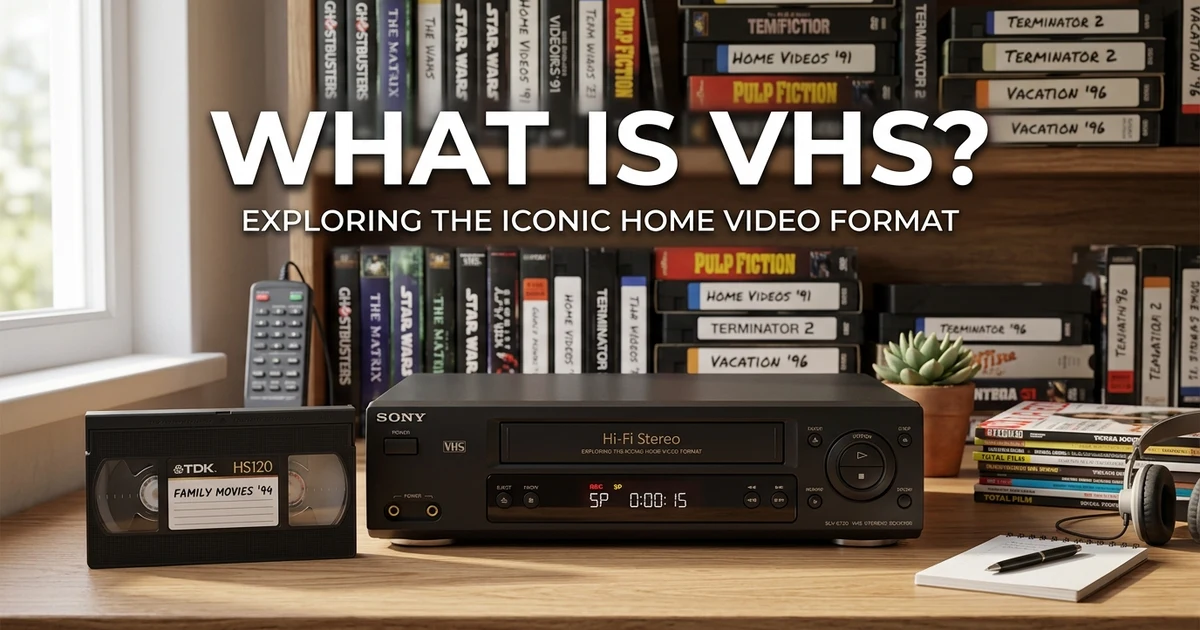 Vintage VHS tape and VCR on a wooden table with classic home movie cassettes